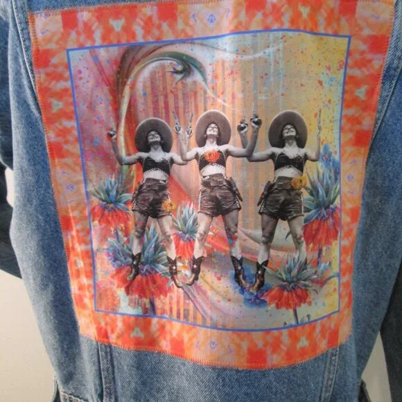 Boho Kantha Denim Jacket, Artisan Crafted Patchwork Distressed Jean Jacket M - Picture 9 of 10